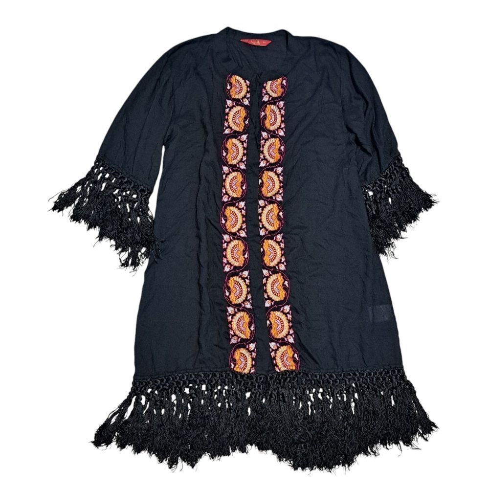 Tigerlily Embroidered Button Down Fringe Cardigan Cruise Dress Small Black — image 4 of 8